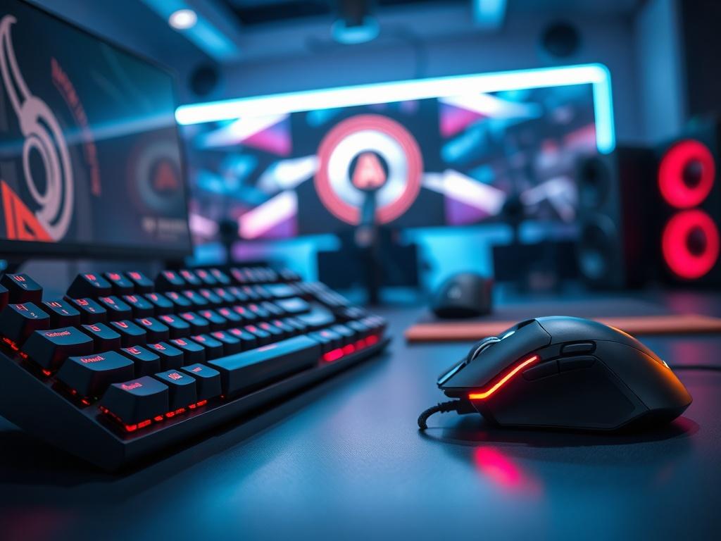A high-resolution close-up shot of gaming accessories, including a mechanical keyboard and gaming mouse, displayed on a sleek desk. The background should showcase a modern gaming environment, highlighting RGB lighting and a dynamic atmosphere.