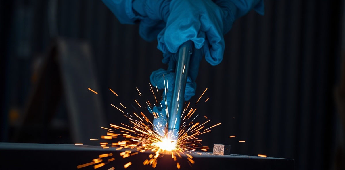 Professional welding workshop with sparks and molten metal