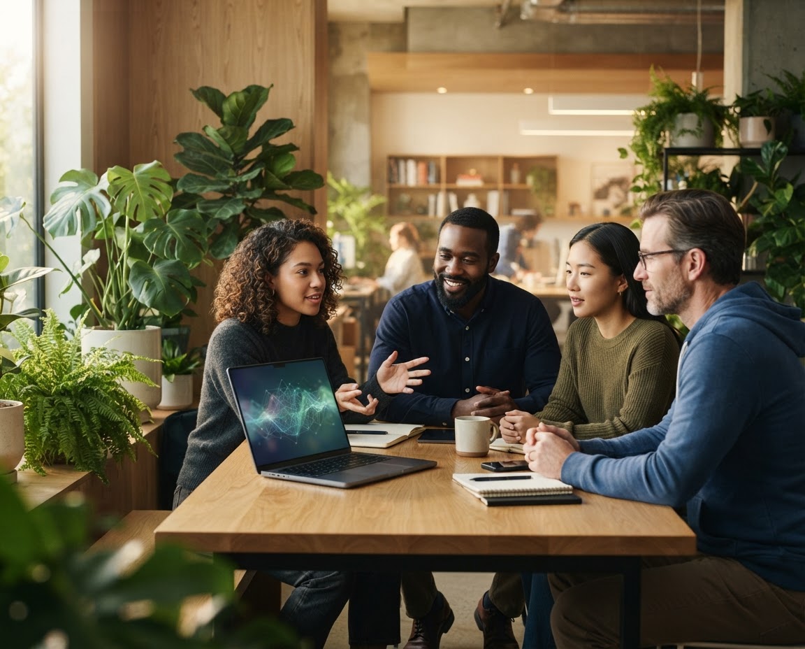 A team of AI professionals discussing ideas around a laptop