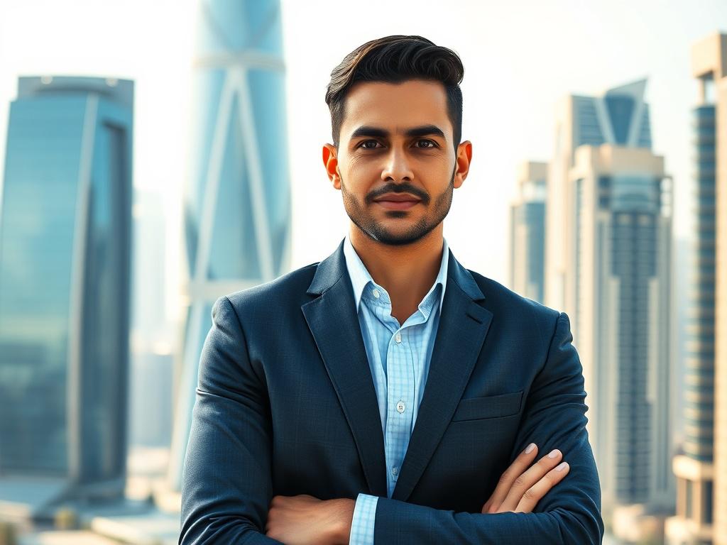 Create a realistic high-resolution photo featuring a confident professional male real estate consultant in Dubai. The subject is positioned center-frame in a simple, clear composition, captured in a close-up shot with a 45mm f/1.2 lens style to achieve a softly blurred background. He is wearing a sharp, modern business suit in shades that complement the #062767 deep blue primary color, exuding trust and expertise. The background is a subtle, out-of-focus view of iconic Dubai architecture—such as sleek skysc