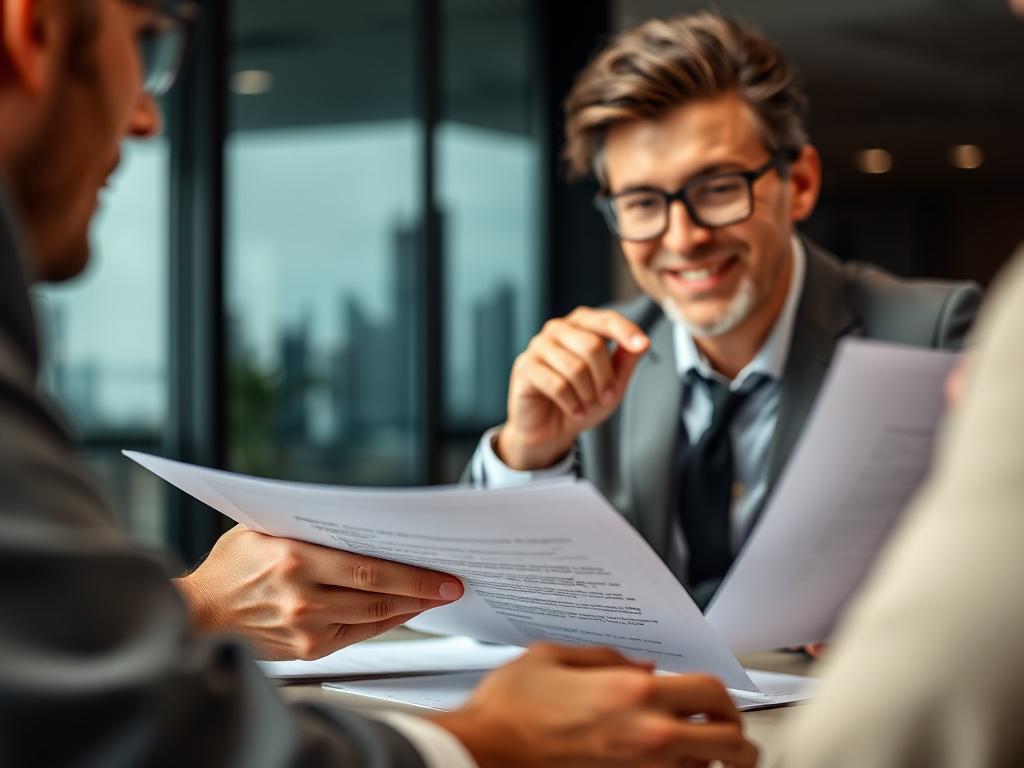 A close-up shot of a confident real estate professional reviewing leasing documents with a client. The background is a modern office setting with subtle hints of Dubai's skyline visible through a window. The photo is rendered in hyper-realistic style, captured with a 45mm f/1.2 lens, focusing sharply on the hands and documents, with a soft blur on the background. The color tones subtly incorporate the #062767 primary color to enhance brand consistency.