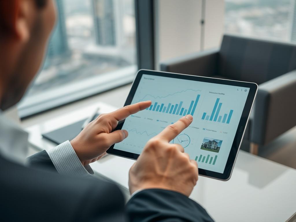 A hyper-realistic close-up photo of a professional consulting session, featuring a real estate expert pointing at a digital tablet displaying investment graphs and property plans. The setting is a modern office with sleek furniture and a subtle view of Dubai’s urban skyline. Captured with a 45mm f/1.2 lens, the focus is on the hands and tablet screen with a gentle blur in the background. The color scheme includes touches of #062767 to reinforce brand consistency.