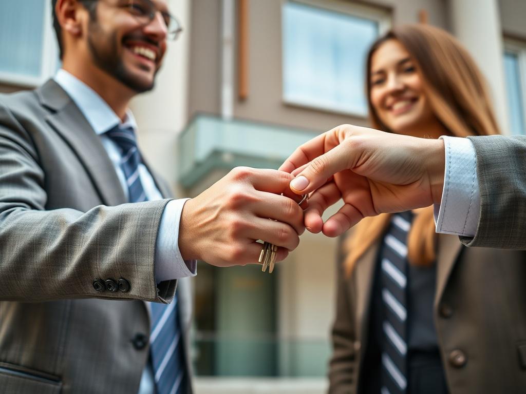 A close-up hyper-realistic image of a real estate agent handing over house keys to a smiling client. The background shows a stylish residential building facade with clean architectural lines. The shot is taken with a 45mm f/1.2 lens focusing on the hands exchanging keys, with background softly blurred. The image incorporates the #062767 primary color subtly in the agent's tie or accessories, reflecting professionalism and brand identity.