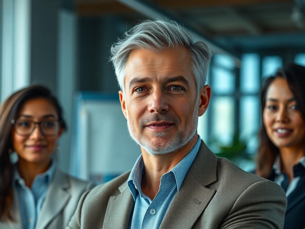 A hyper-realistic close-up of a confident real estate team leader speaking with team members in a modern office setting. Shot with a 45mm f/1.2 lens style, the subject's expression is focused and inspiring. Background includes subtle blue (#062767) tones and blurred office elements, emphasizing leadership and professionalism.