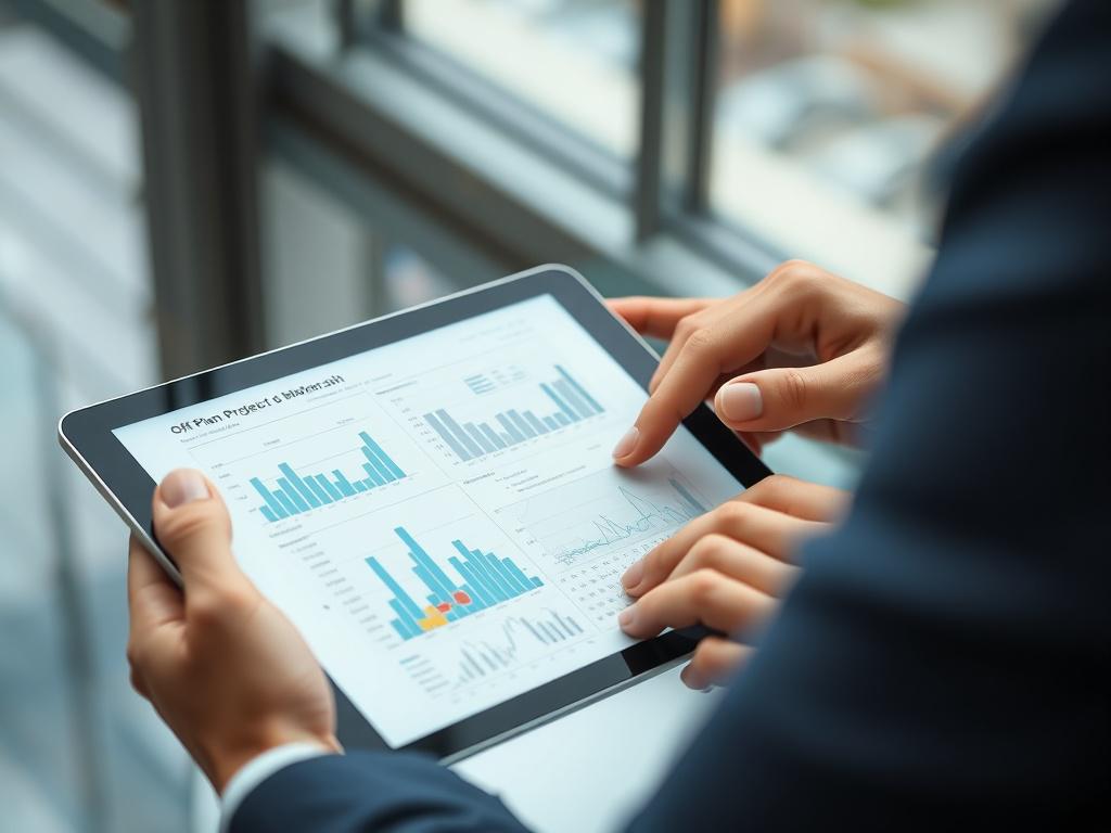 A hyper-realistic close-up image of a real estate consultant reviewing off-plan project blueprints and market data on a tablet. Shot with a 45mm f/1.2 lens style, the focus is sharp on the consultant’s hands and tablet, with a subtle #062767 color tone in the background, conveying professionalism and insight.