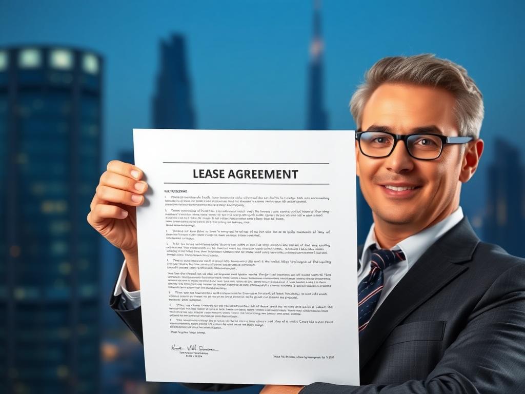 A hyper-realistic close-up shot of a confident real estate professional holding a lease agreement, shot with a 45mm f/1.2 lens style. The background is softly blurred, featuring hints of a modern Dubai skyline with blue tones matching #062767. The subject is sharply focused, dressed in professional attire, conveying trust and expertise.