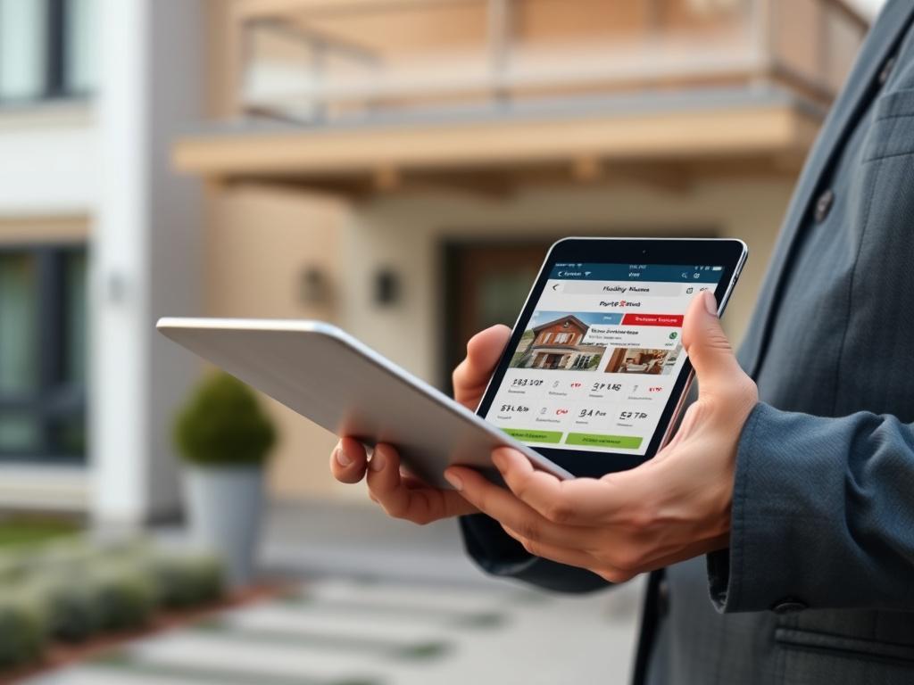 A hyper-realistic close-up shot of a professional property manager holding a tablet showing a holiday home booking app. The background is softly blurred, featuring a modern, well-maintained holiday home exterior. The image is captured with a 45mm f/1.2 lens style, focusing sharply on the manager's hands and tablet screen. The color palette subtly incorporates the primary color #062767 in the manager's attire or tablet interface, creating a harmonious and trustworthy visual.