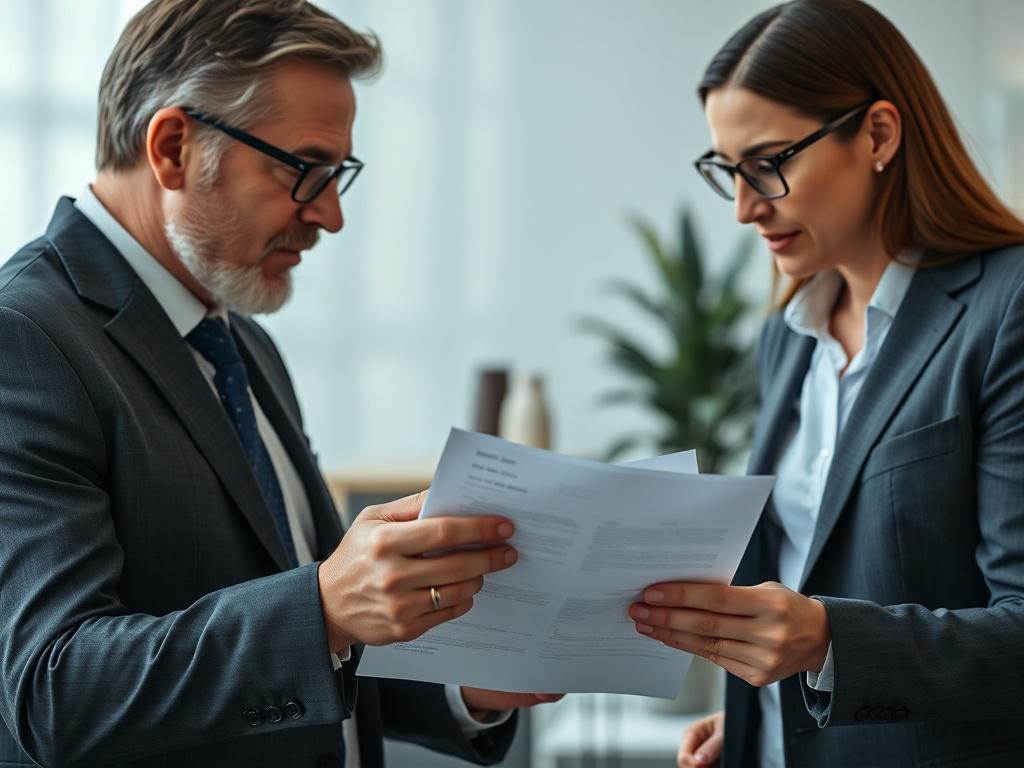 A hyper-realistic close-up portrait of a professional real estate consultant reviewing property documents with a client, captured with a 45mm f/1.2 lens style. The backdrop features subtle shades of the #062767 color, reflecting a trustworthy and knowledgeable atmosphere.
