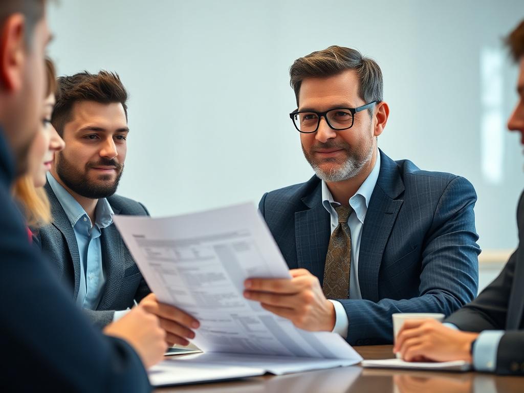 A hyper-realistic close-up image of a confident real estate professional leading a team meeting, with focus on a strategic investment plan document, shot with a 45mm f/1.2 lens style. Background includes subtle hints of the #062767 color to convey leadership and professionalism.