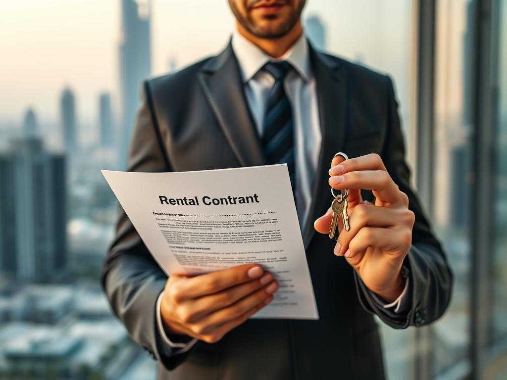 A hyper-realistic close-up shot of a confident real estate agent holding a rental contract and keys, shot with a 45mm f/1.2 lens style. The background is softly blurred with elegant Dubai cityscape elements in #062767 color tones, emphasizing professionalism and trust.