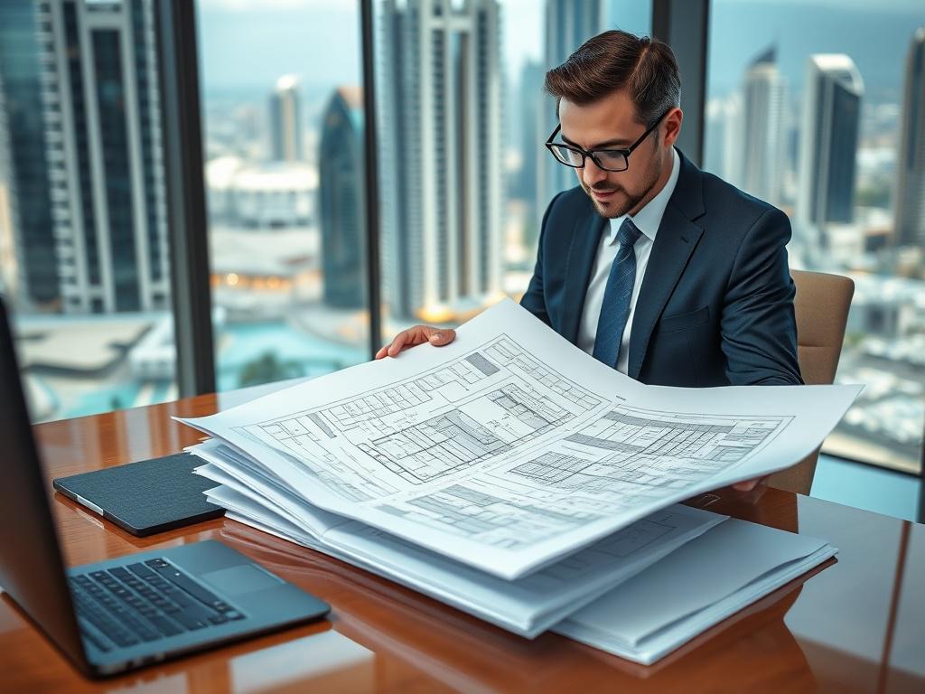 A realistic high-resolution photo of a professional in business attire reviewing architectural blueprints at a modern office desk, shot with a 45mm f/1.2 lens style, featuring clear focus on the documents with a blurred background of Dubai cityscape, colors harmonizing with #062767.