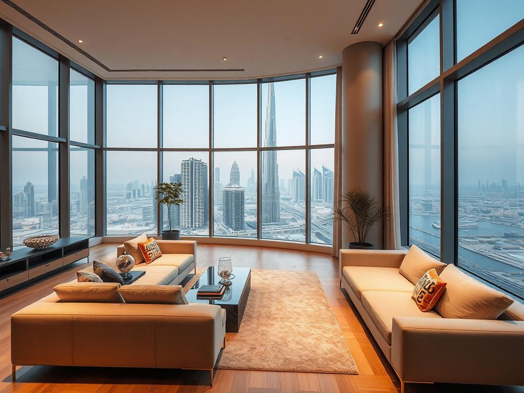 A realistic high-resolution photo of a modern luxury apartment interior, focusing on a stylish living room with large windows showing a Dubai skyline view, shot with a 45mm f/1.2 lens style, emphasizing warm lighting and colors compatible with #062767.