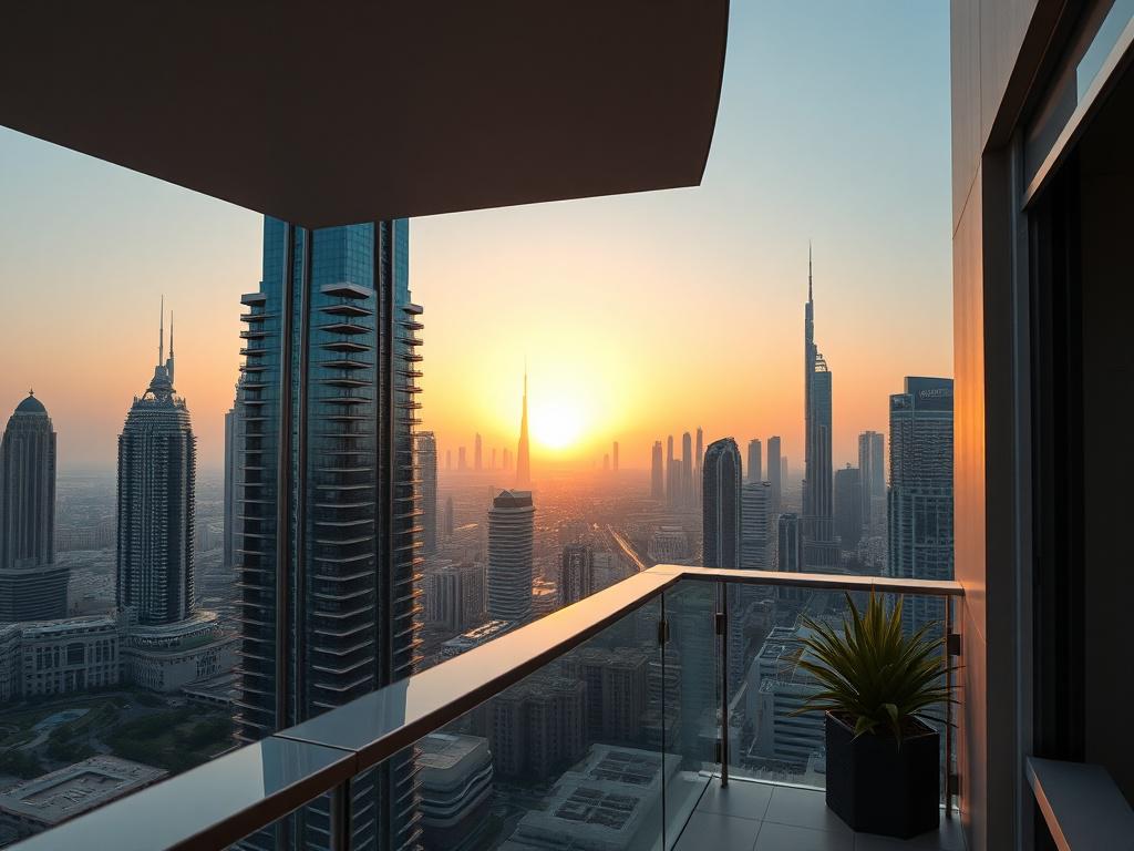A realistic high-resolution photo of a modern Dubai skyline at sunset, focusing on a close-up shot of a luxury apartment balcony with a view of iconic skyscrapers, shot with a 45mm f/1.2 lens style, emphasizing rich colors compatible with the #062767 primary color.