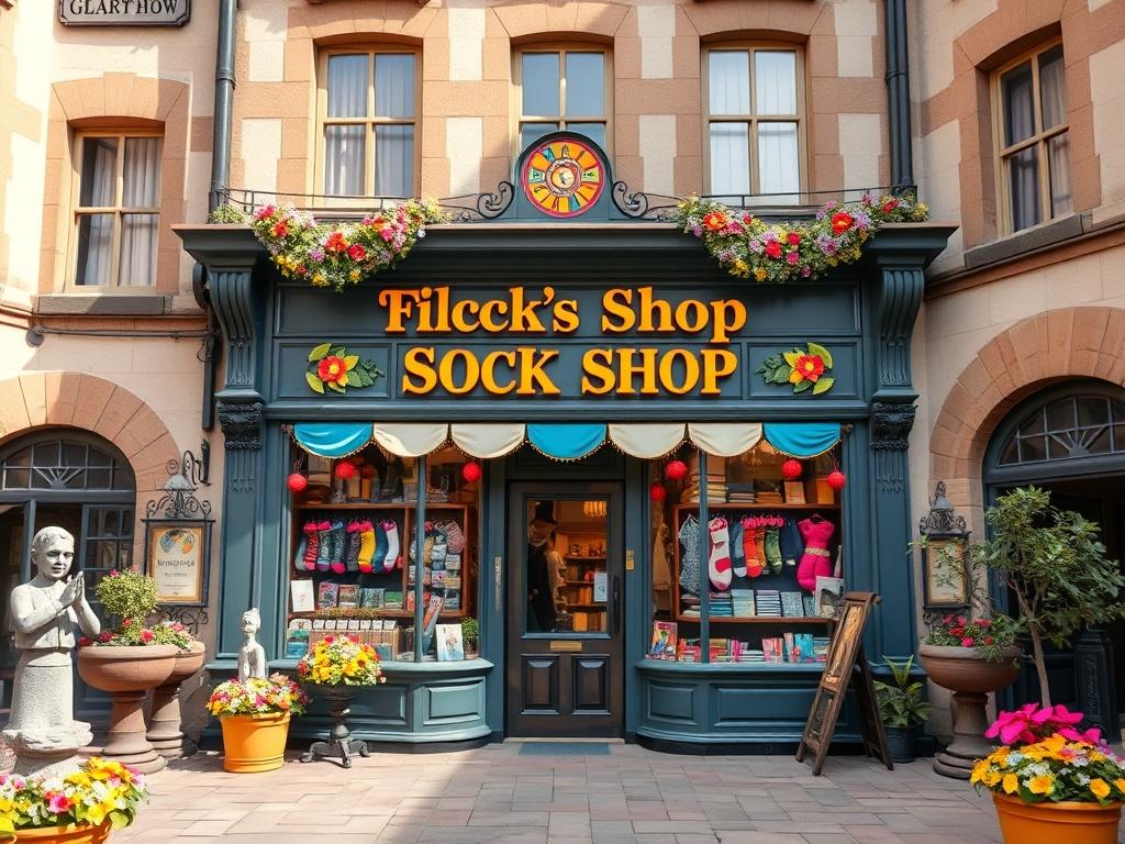 An enchanting view of Filch's Sock Shop's storefront located in the Wizard Quest courtyard. The store is adorned with playful decorations and bright signage that showcases the quirky nature of the shop. The courtyard is filled with magical elements, such as whimsical sculptures and vibrant flowers. The image highlights the shop's inviting entrance, beckoning tourists and locals to step inside and discover the delightful world of socks.