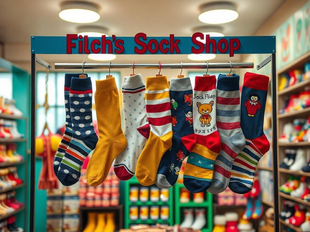 A vibrant display of various colorful socks hanging on a rack in Filch's Sock Shop. The socks feature fun designs like polka dots, stripes, and cartoon characters. The background shows the shop interior with cheerful decor, bright lighting, and a playful atmosphere that invites customers to explore. The image captures the essence of a quirky sock shop, with an emphasis on variety and fun.