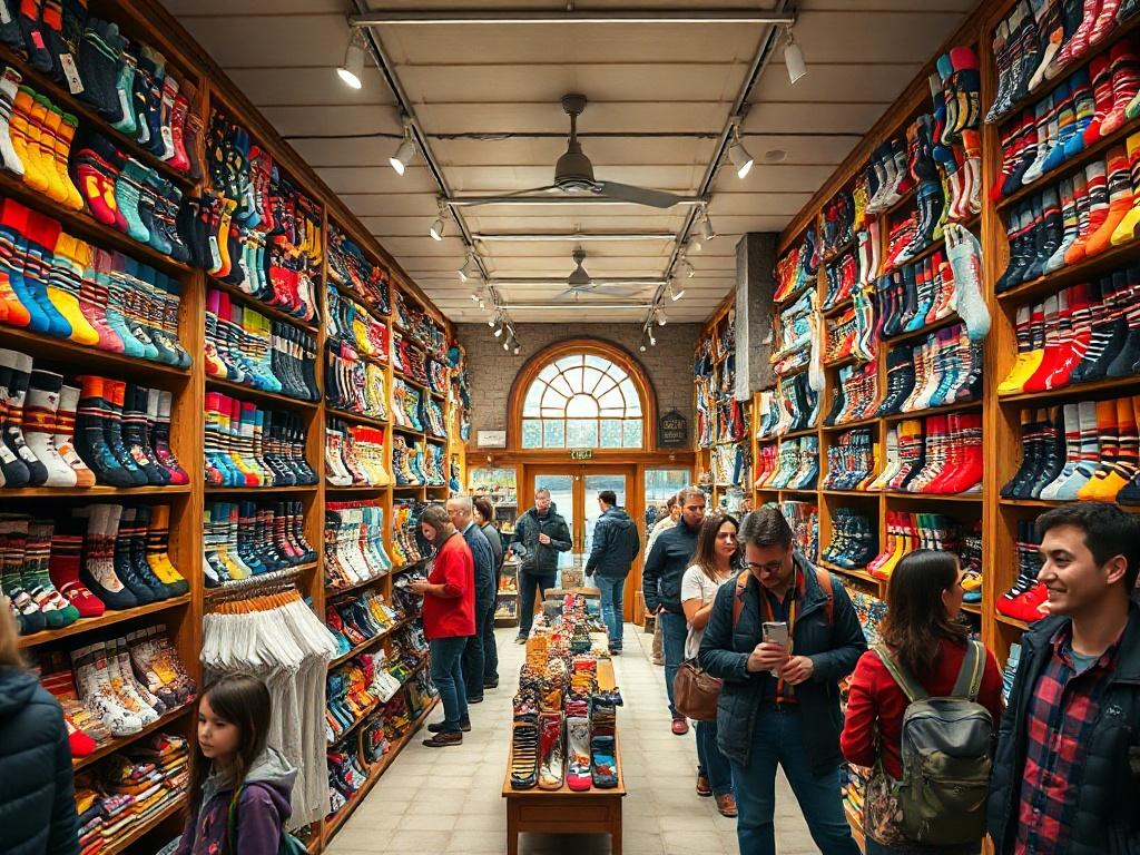 A bustling interior shot of Filch's Sock Shop, showing a packed retail space filled with customers browsing through a vast selection of socks. Shelves are stacked high with various sock styles and designs, creating a colorful and lively atmosphere. The image captures the excitement of shopping, with families and tourists enjoying their experience. Bright colors and playful displays reflect the fun vibe of the store, enticing onlookers to join in the sock-shopping adventure.
