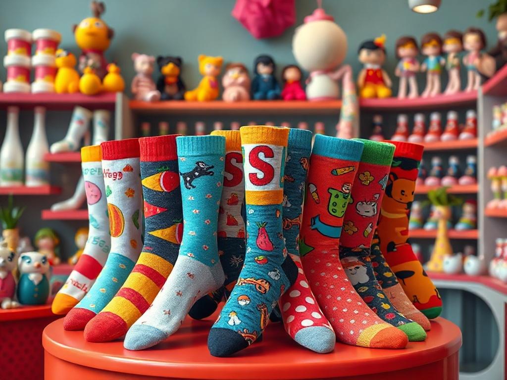An eye catching display of novelty themed socks featuring various