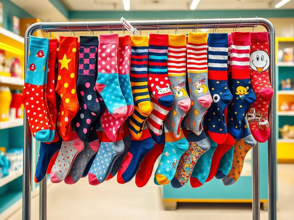 A vibrant display of assorted colorful socks hanging on a