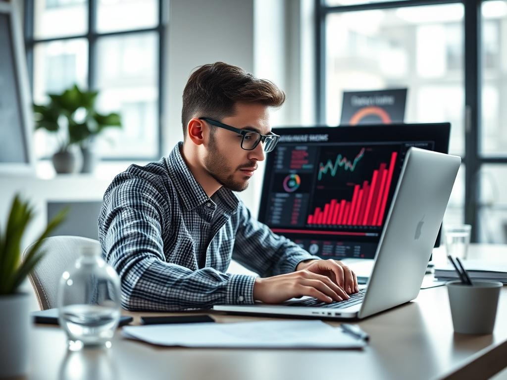 A high resolution of a focused digital marketing professional working