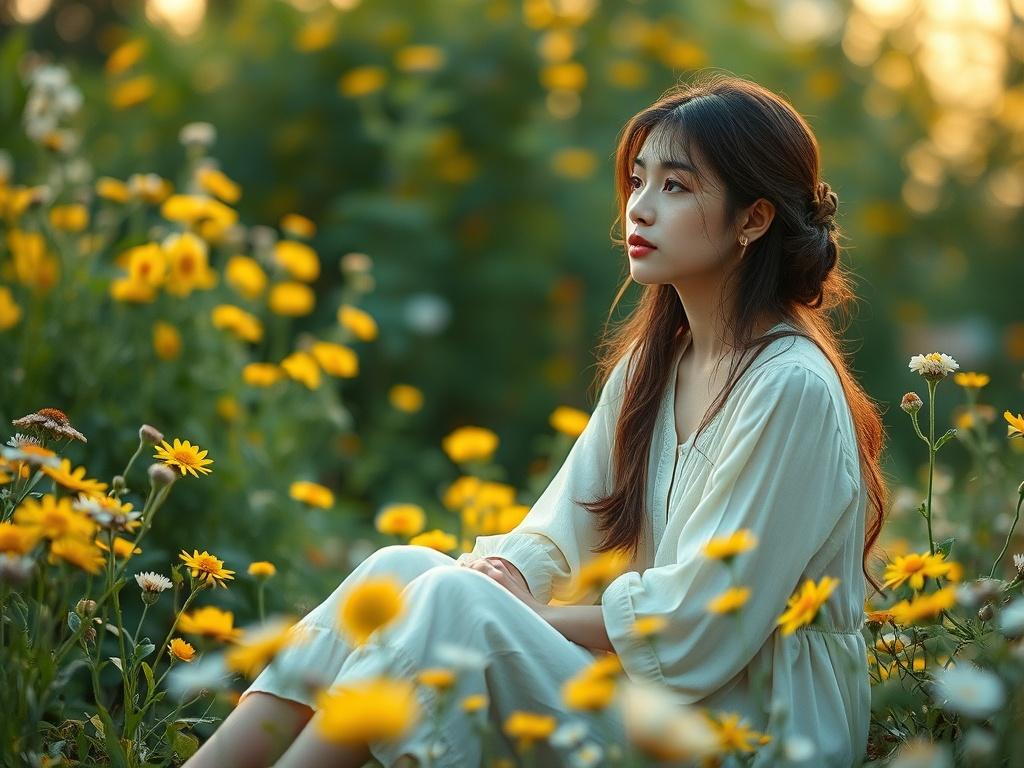 A serene, high-resolution photograph of a woman sitting in a peaceful garden surrounded by flowers, deep in thought. Soft, gentle lighting enhances the tranquil atmosphere, with soft tones of yellow and green reflecting a sense of calm and inspiration.