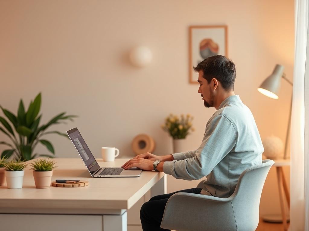 A serene and inviting online coaching session setup, featuring a calm and peaceful atmosphere with soft lighting. A person sits at a desk, engaging in a virtual consultation on a laptop, displaying a sense of focus and determination. The background is minimalistic, with warm colors and gentle decor, contributing to a comforting environment.