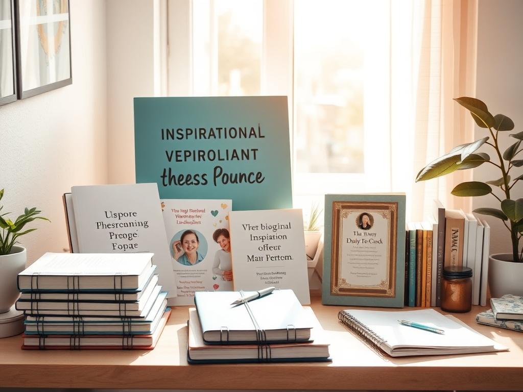 A collection of inspirational personal development resources displayed on a desk, including books, notebooks, and printed materials. The setting is bright and inviting, with warm sunlight streaming through a window, creating a positive and motivational atmosphere. The focus is on the resources, emphasizing growth and learning.