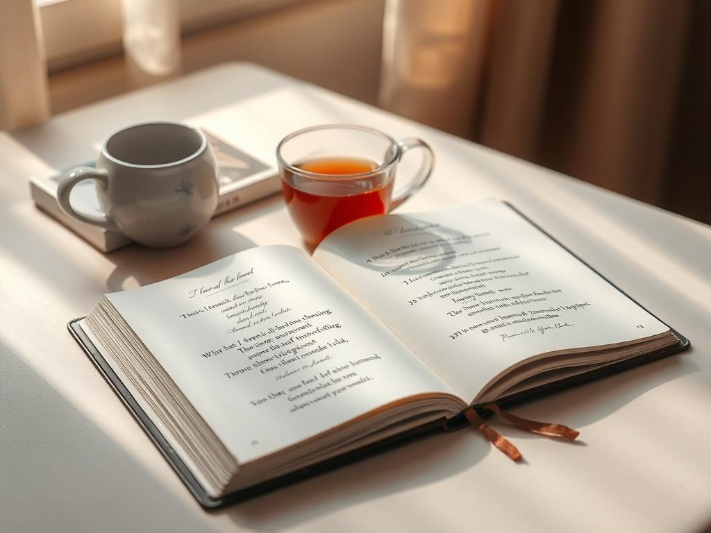 A serene morning scene with a journal open to a page filled with motivational quotes. A cup of tea rests beside it, and soft sunlight filters through, casting a warm glow on the desk. The atmosphere is peaceful and reflective, inviting the viewer to take a moment for inspiration.