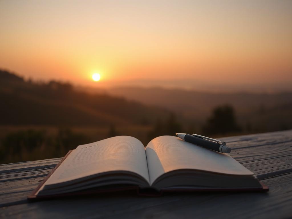A realistic high-resolution photo of a serene landscape at sunrise, featuring soft tones and gentle lighting. In the foreground, there is a single open notebook with a pen resting on it, symbolizing inspiration and reflection. The background includes a peaceful natural scene with soft hills and a clear sky, creating an atmosphere of tranquility and motivation.