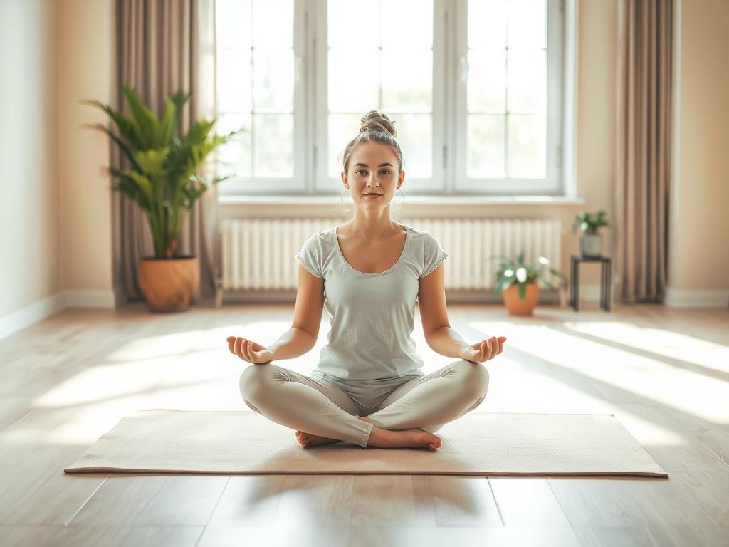 Create a realistic high-resolution photo that reflects the theme "Claritate în Viață." The composition should be simple and clear, featuring a single subject at the center of the image: a serene young woman sitting cross-legged on a soft, neutral-toned yoga mat. She is in a peaceful meditation pose with her hands gently resting on her knees, palms facing up. Her expression is calm and focused, embodying a sense of inner peace and clarity. 

The background should be softly blurred, featuring a tranquil indoo