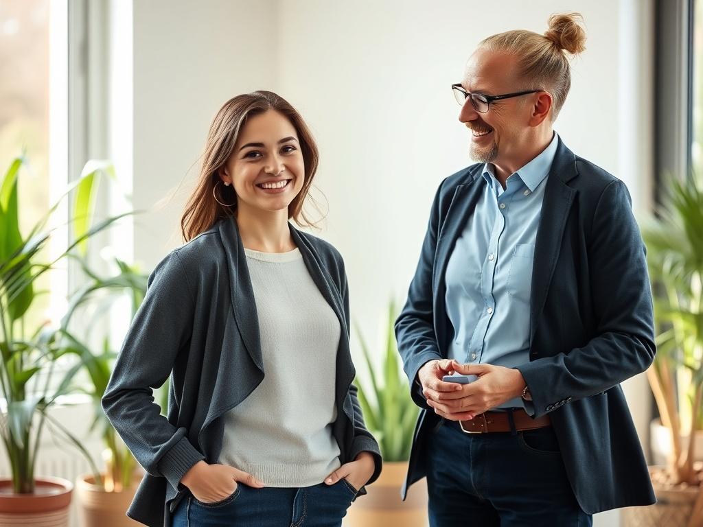 An empowering coaching session, a young woman standing confidently in front of a life coach, both smiling and discussing plans, bright and inspiring atmosphere, with plants in the background.