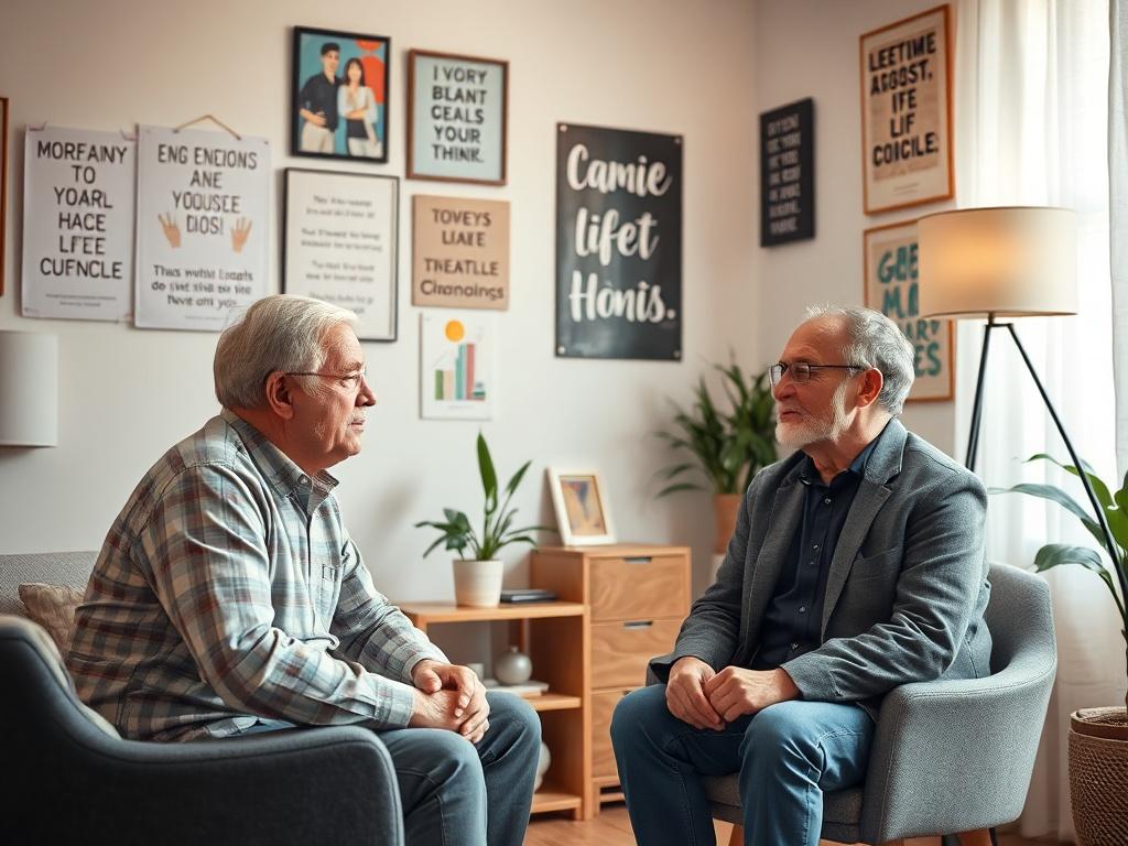 A thoughtful coaching session, a middle-aged man discussing goals with a life coach in a cozy office, with motivational posters on the wall, soft lighting, calm and encouraging environment.