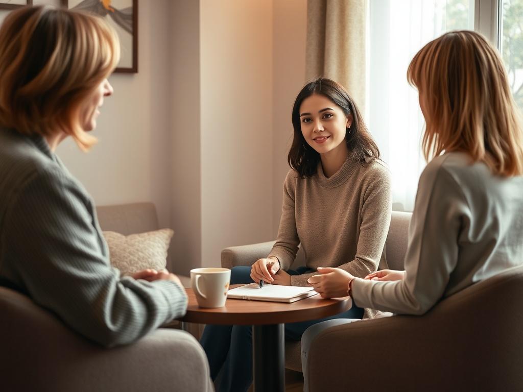 A serene coaching session, a young woman sitting in a softly lit room, engaging in conversation with a life coach, with a notebook and a cup of tea on the table, warm tones, peaceful atmosphere.