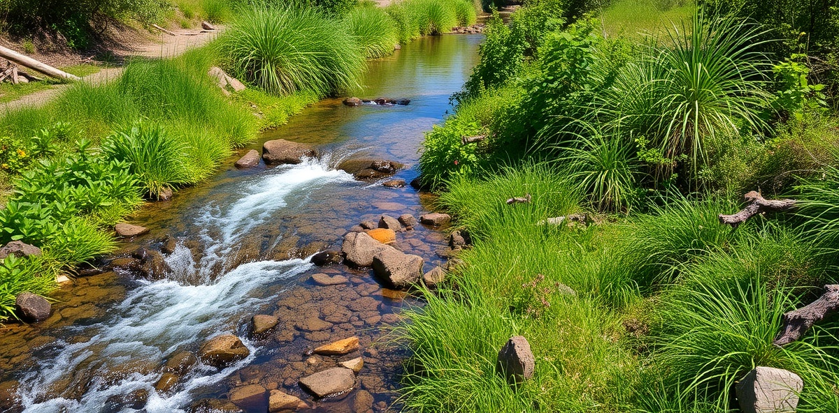 Restored creek corridor with flowing water and native vegetation