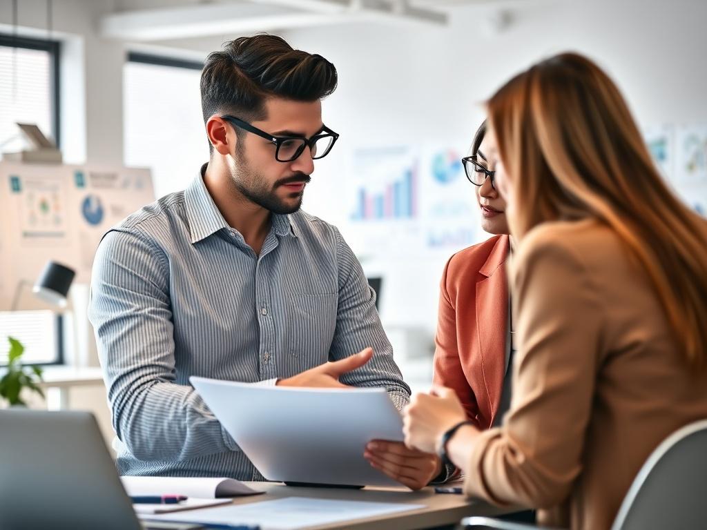 A focused recruiter engaged in a brainstorming session with a client, discussing specific role requirements and candidate profiles. The office setting should be modern and well-lit, showcasing a collaborative atmosphere with visual elements like charts and technology tools in the background. The color scheme should incorporate the brand's palette, creating a vibrant and inviting scene.