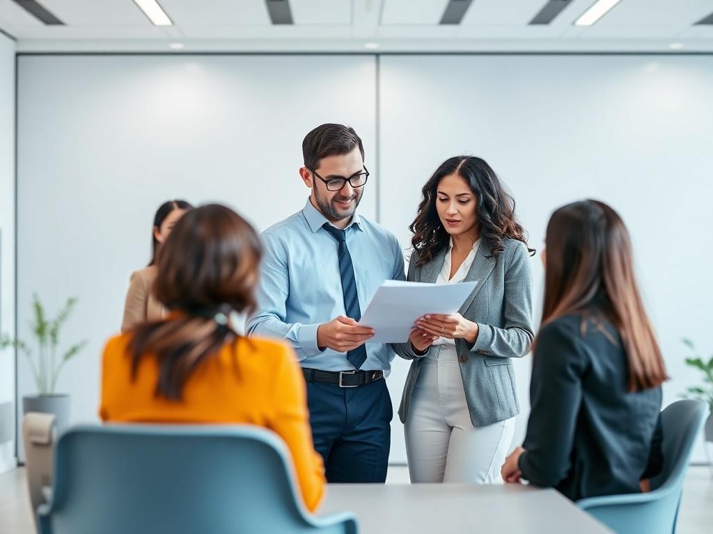 A professional recruiter discussing with a diverse group of candidates in a modern office setting. The recruiter is reviewing resumes, while candidates appear engaged and attentive. The background features a sleek, minimalistic office with clean lines and a tech-forward aesthetic, utilizing colors like light blue and soft gray. The scene conveys professionalism and collaboration.