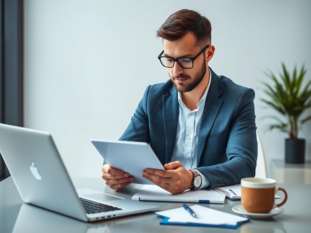 An image of a recruiter analyzing candidate profiles on a digital device, highlighting a focus on technology and innovation. The background should feature a clean office environment with a modern design, using a color palette of soft blues and grays. The scene should depict a sense of diligence and professionalism, with elements like a laptop, notepad, and coffee cup in the frame.