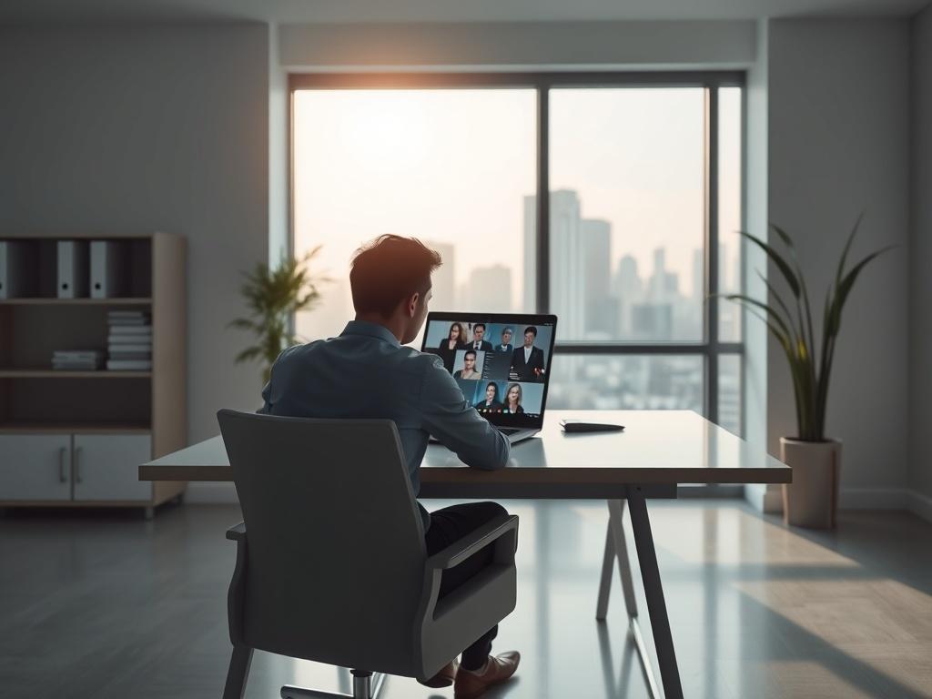 A modern recruitment office with a clean, minimalistic design. A recruiter is actively engaged in a video call, discussing candidate profiles on a laptop. The background features a large window with natural light streaming in, showcasing a city skyline. The scene uses a color palette derived from #BEEFFD and #C8F2FC, creating a fresh and professional atmosphere.