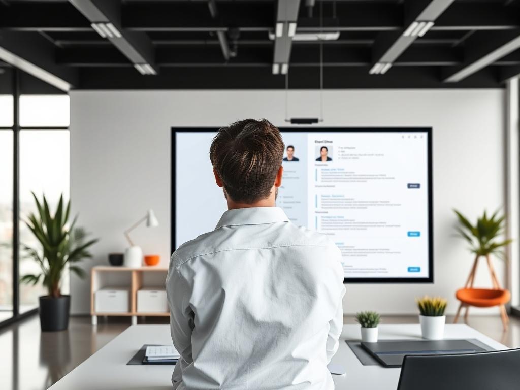 A focused recruiter analyzing candidate resumes on a large screen in a sleek office. The screen shows a side-by-side comparison of candidates' qualifications. The office is adorned with minimalist decor, emphasizing productivity and professionalism, with colors from the brand palette enhancing the ambiance.