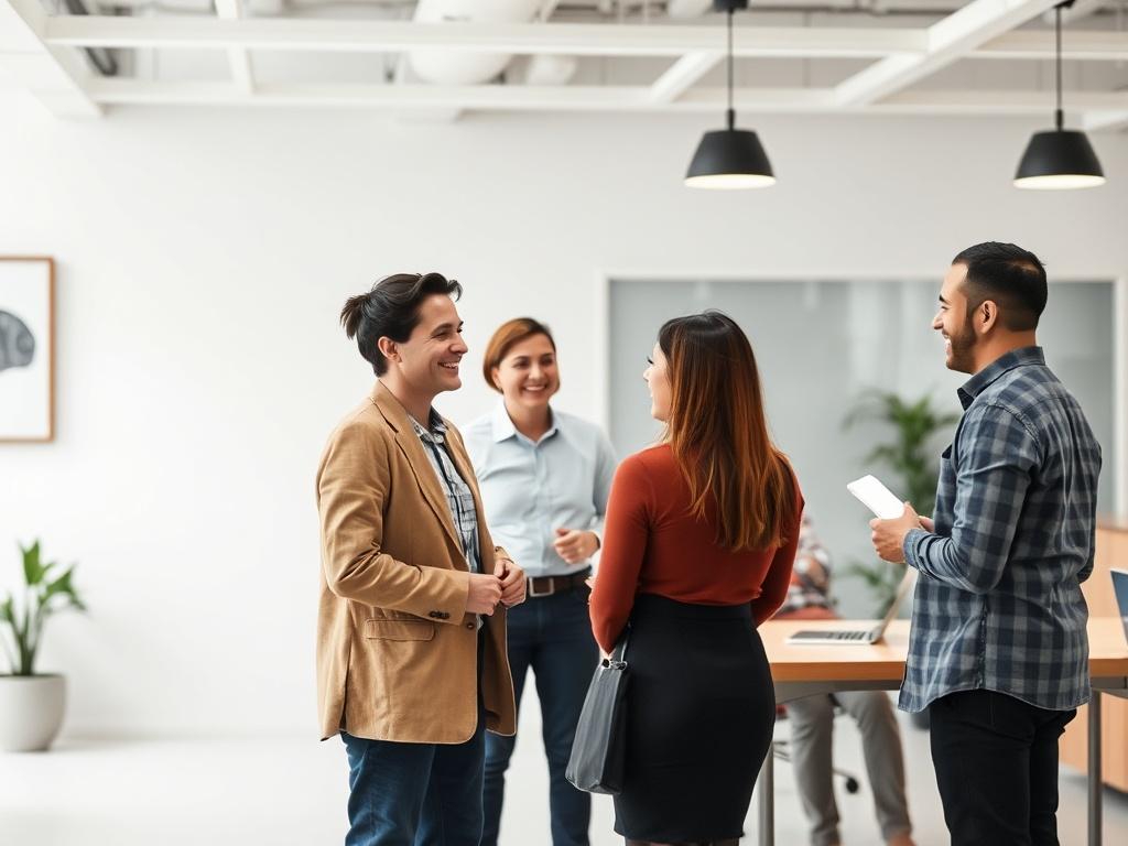A welcoming office space where a new employee is being introduced to their team. The scene captures a friendly atmosphere with colleagues smiling and engaging in conversation. The office features modern design elements and a color scheme that reflects the brand's identity, creating a sense of belonging.