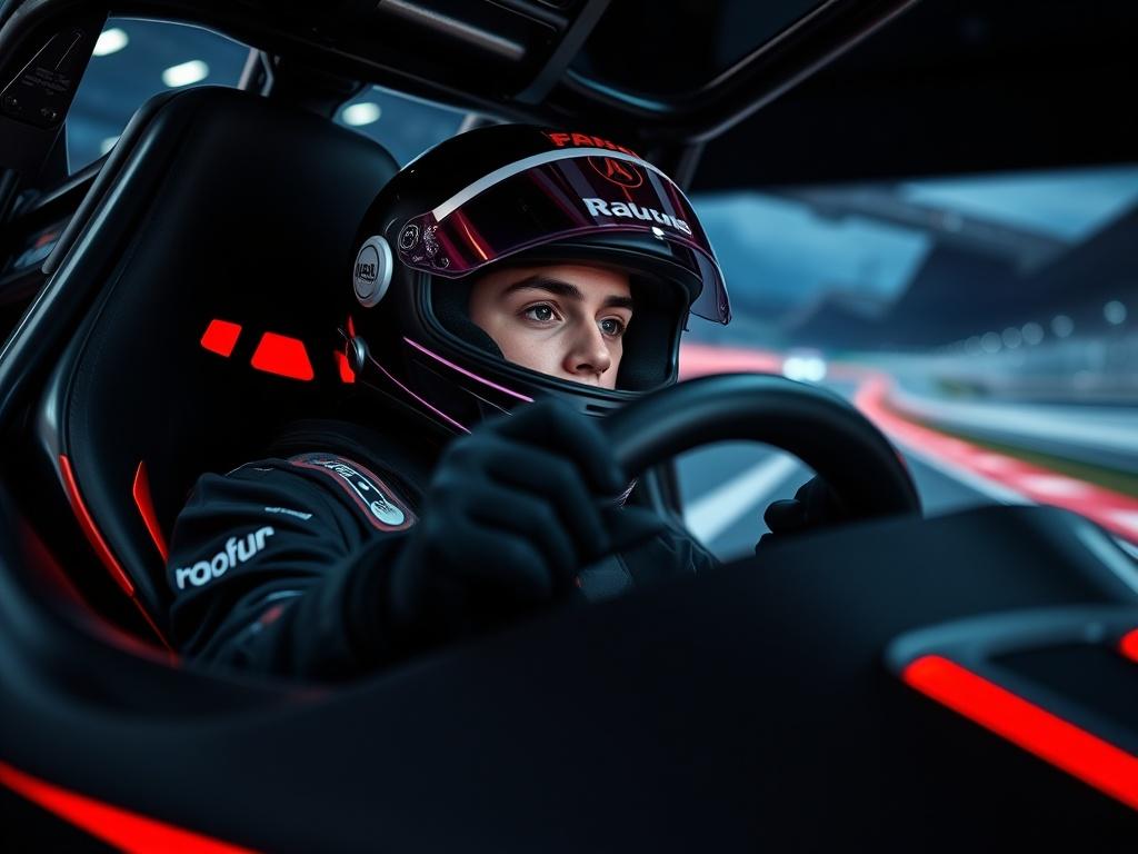A realistic high-resolution photo of a young driver in a modern racing simulator. The driver is focused, wearing a racing helmet and gloves, with a sleek racing cockpit in the foreground. The background is a blurred image of a racing track, conveying speed and excitement. The overall color scheme is predominantly black, with vibrant red LED lights illuminating the cockpit.