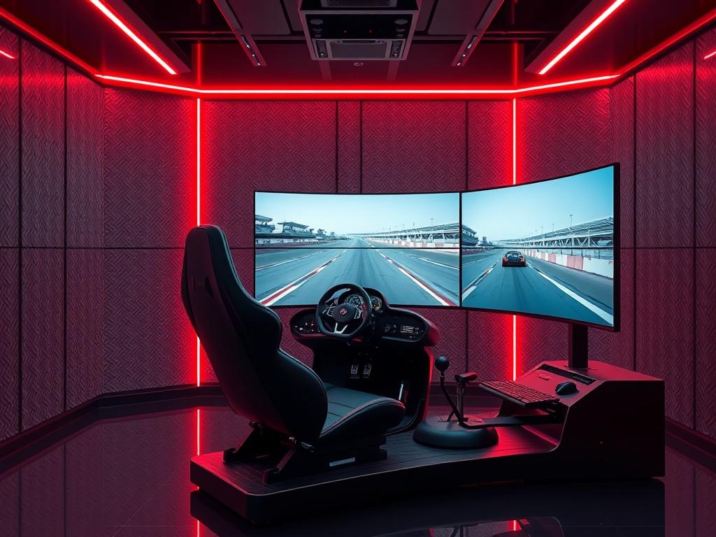 A realistic, high-resolution photo of a modern car simulator setup in a sleek racing lab environment. The simulator should feature a carbon black chair and a large screen displaying a racing track. The background should have metallic textures with red LED lights, creating an energetic atmosphere. The overall composition should be minimalistic yet dynamic, highlighting the simulator as the main subject.