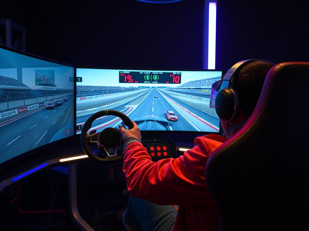 A high-resolution, photorealistic image of a racing simulator in action, with a racer intensely focused on the screen showing a competitive racing track. The environment should be modern and sleek, featuring elements like LED lighting and a high-tech steering wheel. The ambiance should convey excitement and adrenaline, with the simulator as the focal point against a dark background.