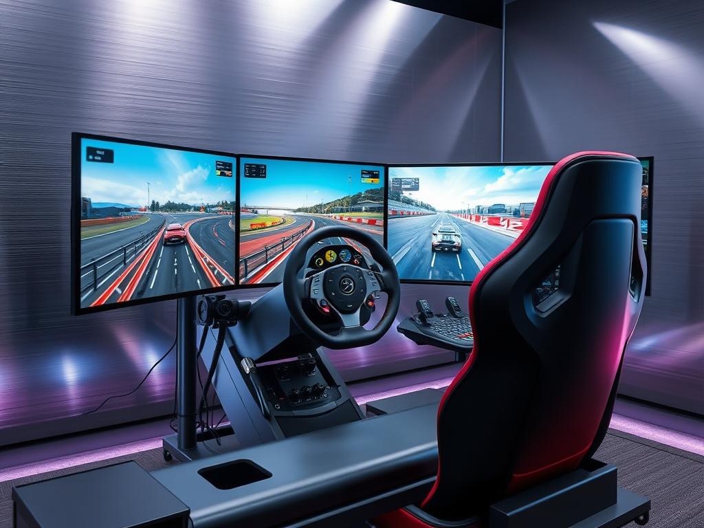 A stunning, high-resolution image showcasing an elite racing simulator setup, featuring a realistic racing wheel and multiple screens displaying different racing environments. The design should be sleek, with a focus on modern technology and a competitive vibe. The background should include metallic textures and subtle LED lighting, emphasizing the high-performance aspect of the simulator.
