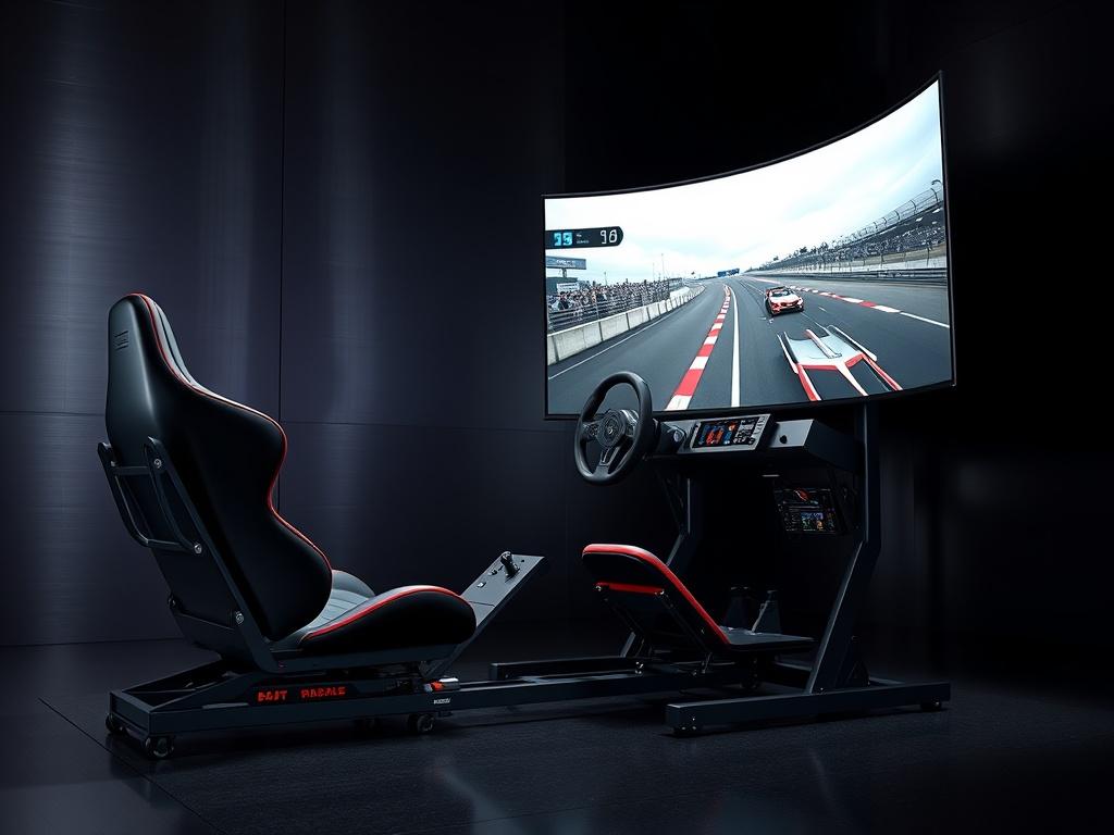 A photorealistic image of a high-end racing simulator setup in a modern, sleek environment. The simulator features an ergonomic seat, a steering wheel with advanced controls, and a large curved screen displaying a racing scene. The background is minimalistic with clean lines and a dark color palette with metallic reflections, emphasizing the sophistication and power of the setup.