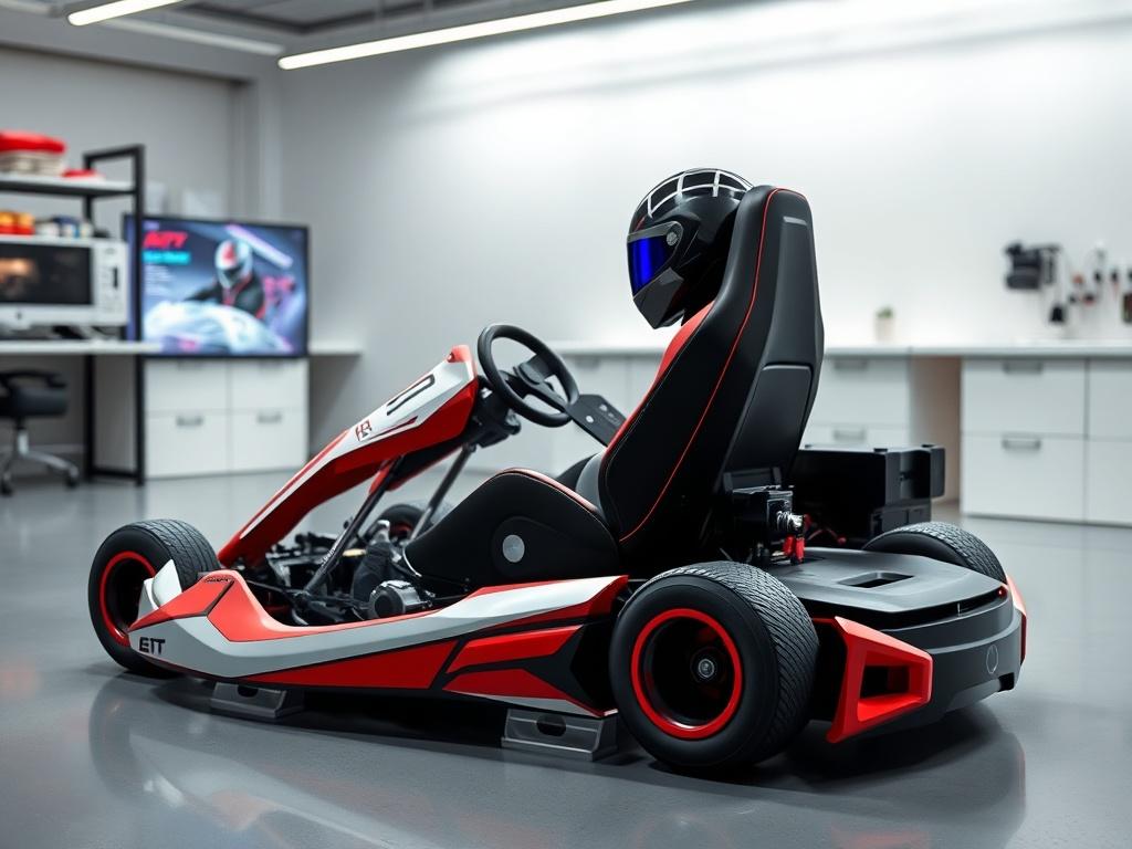 A realistic high-resolution photo of a karting simulator setup in a modern racing lab environment. The focus should be on a sleek, high-tech karting simulator with vibrant colors, specifically black, red, and metallic white. The background should be minimalistic, showcasing a clean and sophisticated design that reflects the essence of racing. The lighting should highlight the simulator's details and create an energetic atmosphere.