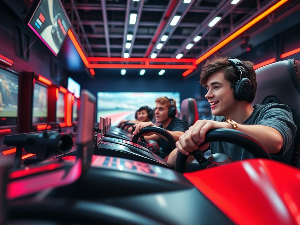 An intense racing simulator competition scene with several users engaged in a high-speed race. The environment is modern and vibrant, showcasing advanced technology and a sleek design. The background features elements of a racing paddock with red LED lights and a dark aesthetic. The focus is on the participants and their enthusiastic expressions as they race, highlighting the energy of the experience.