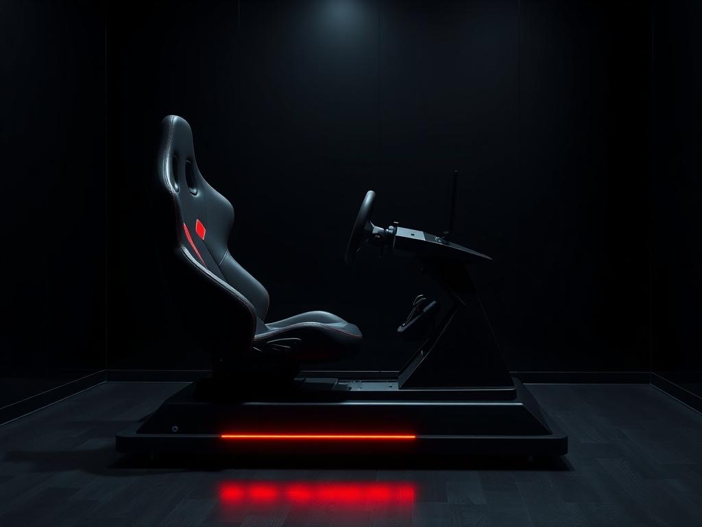 A sleek and modern racing simulator setup in a dimly lit room, featuring a high-quality racing seat, steering wheel, and pedals. The background is dark with metallic reflections, highlighting the simulator's elegant design. The color scheme includes carbon black and energy red accents, giving a powerful and immersive feel. The overall composition is minimalistic, focusing on the racing simulator as the main subject.