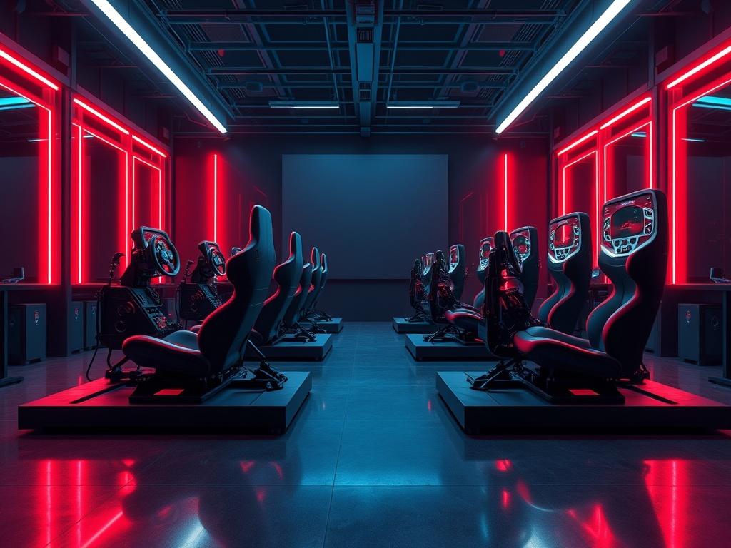 A dynamic racing simulator scene featuring multiple high-end simulators in a modern, illuminated racing lab. The setup showcases sleek racing seats and advanced steering wheels. The ambiance is enhanced with red LED lighting and a dark background, creating an energetic and powerful atmosphere. The focus is on the simulators and their realistic design, with reflections that highlight their sophistication.