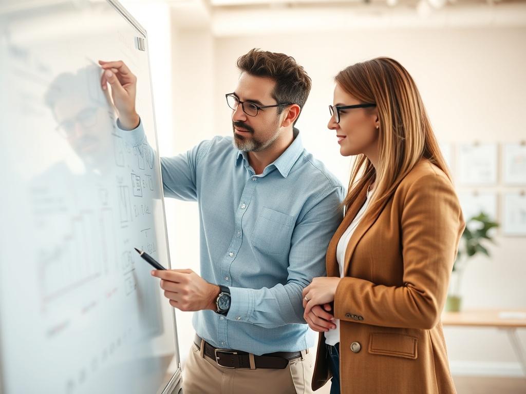 An executive coach and a client brainstorming ideas on a whiteboard in a bright, airy office space. The whiteboard should be filled with notes and diagrams, showcasing a dynamic planning session. The image should focus closely on the coach and client, capturing their expressions of inspiration and determination, with elements of the office softly blurred in the background.
