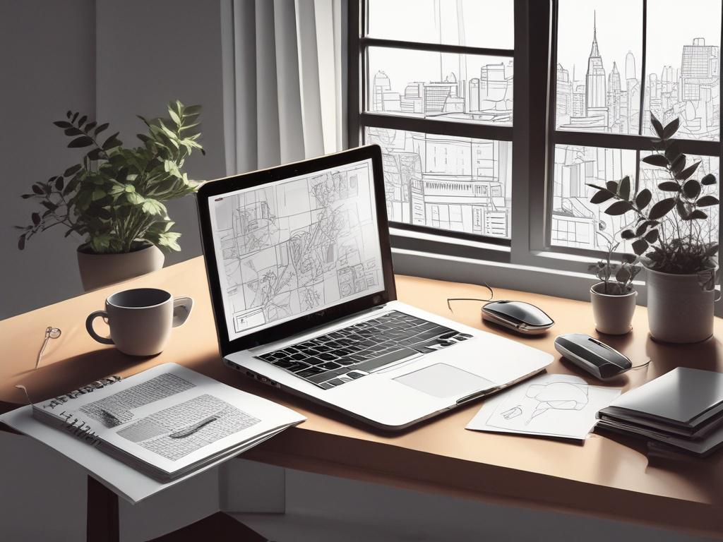 A creative workspace featuring a writer typing on a laptop,